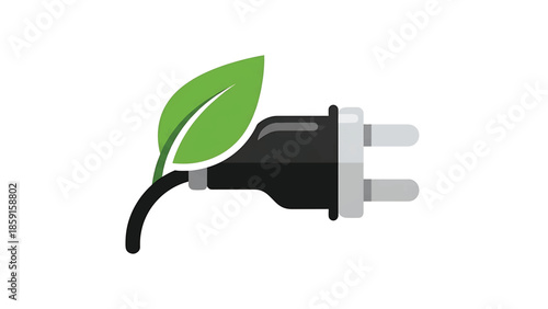 A black electrical plug with two prongs and a cord is linked to a green leaf. This represents renewable energy