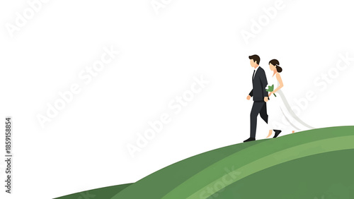 A cartoon couple, a bride and groom, walks together on a green hill, wearing traditional wedding attire. The image is clean and simple