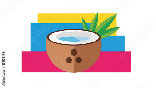 A cartoon coconut, filled with water, sits atop colorful rectangles. Green leaves peek from behind. Simple, vibrant, and tropical