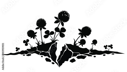 Resilience of nature: Clover sprouts from cracked earth, symbolizing new life and hope.