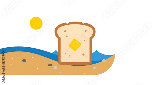 A cartoon depicting a slice of buttered bread on a sandy beach. Waves, a yellow sun, and pebbles are also included