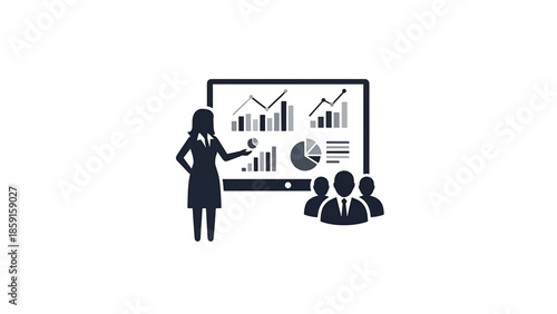 A businesswoman presents data on a screen to a small group. Charts and graphs are displayed as the focus of the presentation