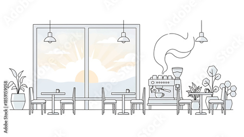 A cafe scene with large windows displaying a sunrise. Coffee machine, tables, chairs, and potted plants are depicted. Minimalist style