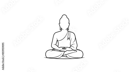 A black outline illustration depicts a seated figure in a meditative pose. The figure is draped in robes, hands clasped. The background is white
