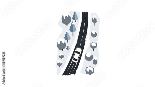A black road cuts through a snowy winter landscape, a stylized depiction of a car driving through snow-covered trees