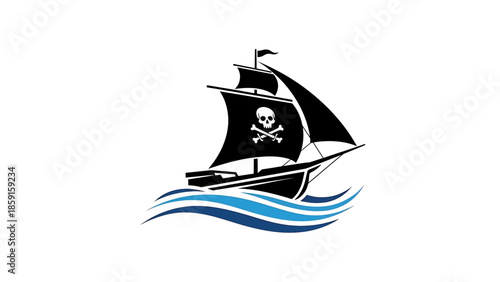 A black sailing vessel with white skull and crossbones emblem on a large sail, blue wave lines, and a small flag