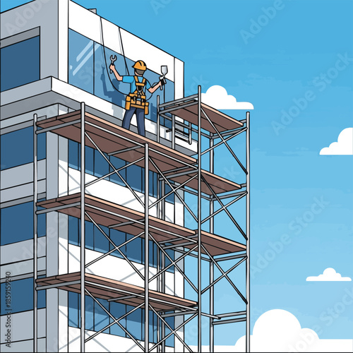 Construction Worker on Scaffolding Installing Window on Modern Building.