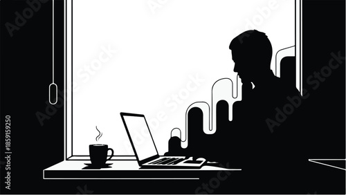 Silhouette of a person working on a laptop with a steaming coffee cup by the window