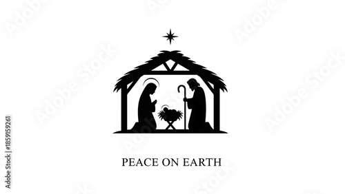 A black silhouette illustration depicts a biblical nativity scene. It shows Mary, Joseph, baby Jesus in a manger, and a star above a simple shelter. "PEACE ON EARTH" is below