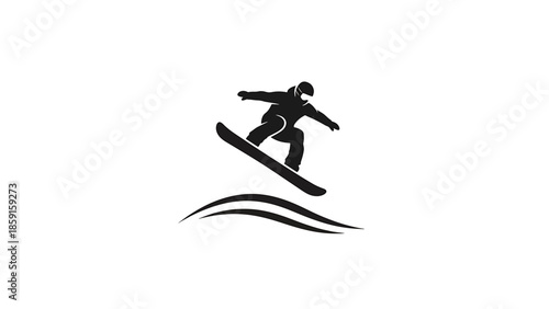 A black silhouette illustration depicts a snowboarder mid-air, poised above stylized curved lines, all on a stark white background
