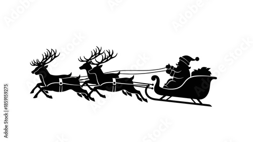 A black silhouette illustration depicts a sleigh being pulled by reindeer. A bearded figure is seated in the sleigh, with gifts. The scene is presented on white