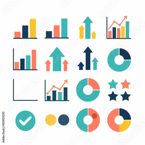 Rounded colorful graph vector icons for positive business analytics