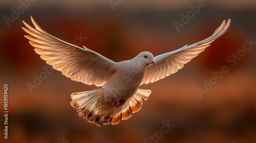 Graceful White Dove Flying with Open Wings at Golden Hour