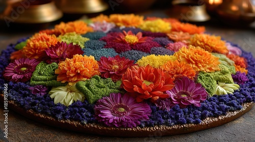 Detailed Ornamental Floral Arrangement with Traditional Rangoli Motifs for Festive Celebrations
