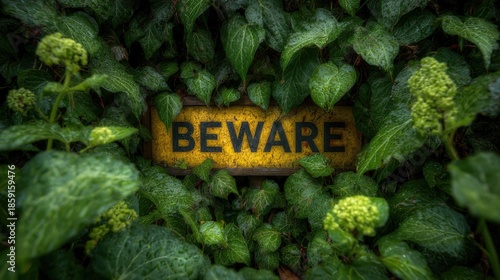 Weathered Wooden Beware Sign Surrounded by Green Ivy and Blooming Flowers