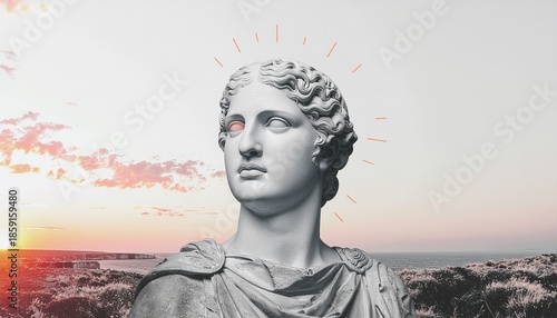 A classical marble bust of a goddess with a glowing halo against a vibrant sunset sky over an ancient coastal landscape.