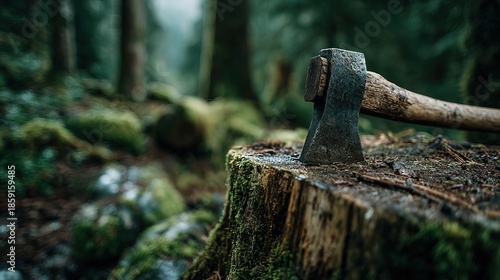 Moody Close-up of a Rustic Axe on a Mossy Tree Stump