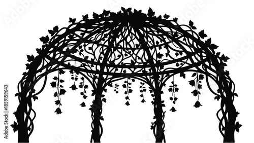 Enchanting floral gazebo silhouette adorned with delicate vines and blossoms, perfect for romantic events.