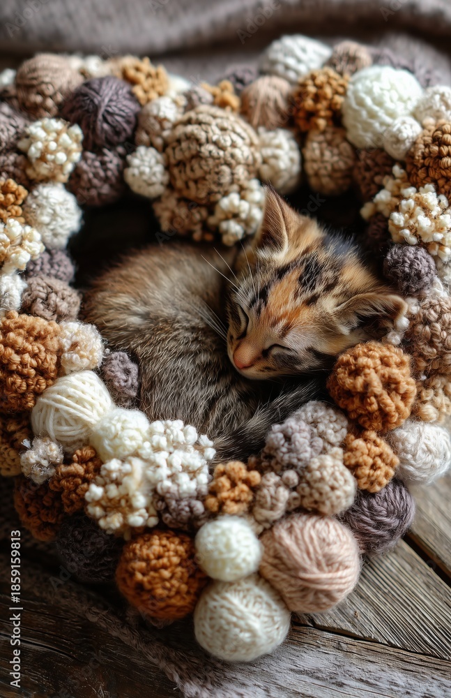 Obraz premium Sleeping kitten in knitted yarn wreath cozy handmade craft background