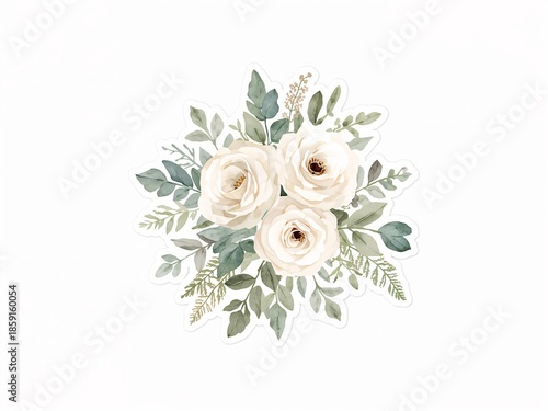 Elegant white floral bouquet illustration isolated on white background. Soft botanical design perfect for wedding, invitation, or decoration.