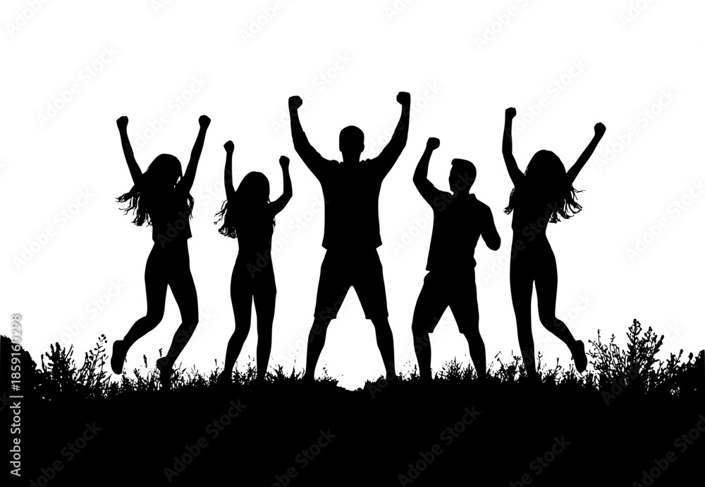 Fototapeta premium Silhouette of diverse group of people celebrating success and jumping for joy. Happy friends cheering with arms raised.