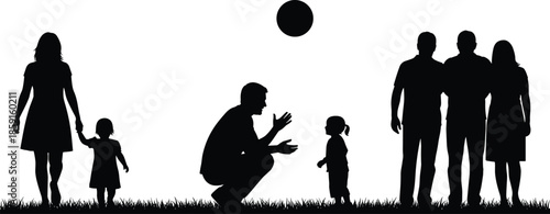 Family silhouette on grass, parents and children playing, bonding moments, outdoor interaction, community togetherness, happy childhood, black vector illustration, emotional connection
