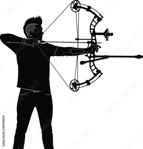 Compound bow archer silhouette, person aiming arrow, black vector illustration, archery posture, hunting gear, precision shooting, sports activity, outdoor focus