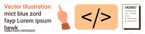 Web development, coding jobs, tech recruitment, digital skills, programming careers, job listings. Hand pointing to code symbol and document text. Web development and coding jobs theme
