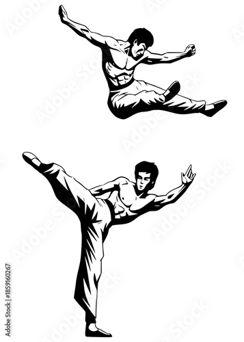 High-contrast black illustration of a martial artist performing a dynamic flying jump kick and a high side kick. Iconic combat sports graphic inspired by legendary fighters.