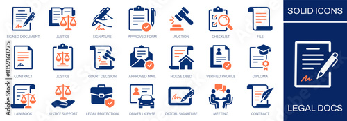 Legal docs icon set. Showing adjudication, signatures, justice symbols, verification, approval and official documentation processes. Solid vector icons collection.