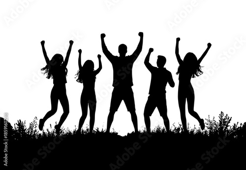 Silhouette of diverse group of people celebrating success and jumping for joy. Happy friends cheering with arms raised.