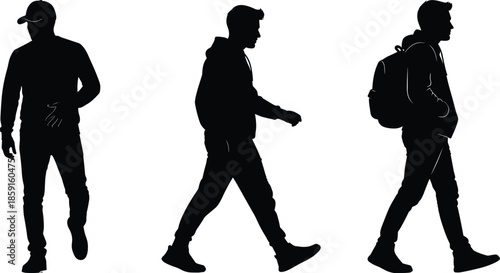 Walking silhouette illustration, casual people in motion, hoodie, backpack, cap, black vector art, urban lifestyle, commuting, travel, youth activity, pose study
