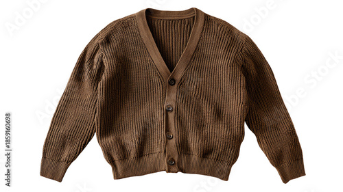 Brown knitted cardigan sweater with buttons long sleeves winter casual apparel studio product photography isolated on white background