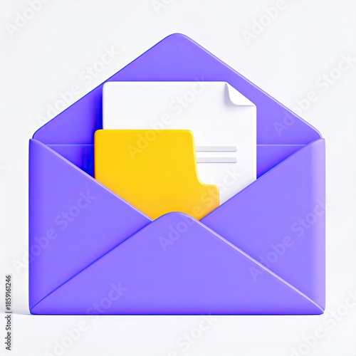 Purple envelope opened with document and yellow folder