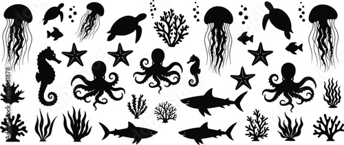 Large vector illustration collection featuring black cat silhouettes, yoga poses, sitting people, marine life like whales and sharks, mushrooms, and medieval castle silhouettes. (Exactly 24 words)