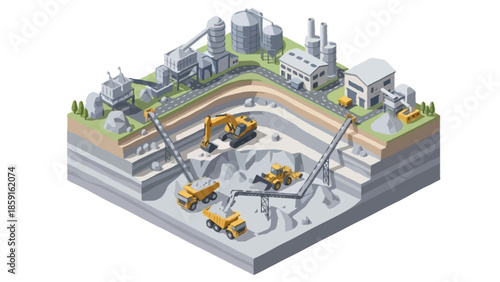 An isometric vector illustration of an open-pit  a limestone quarry mining site operation