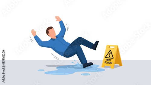 A clean flat vector illustration of a slip and fall workplace accident. A faceless worker is falling backward due to a wet floor with spilled liquid