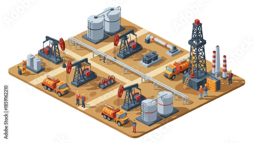 An isometric flat vector illustration of oil extraction operations