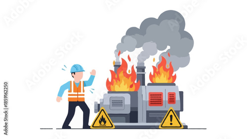 A flat vector illustration of a workplace fire accident.