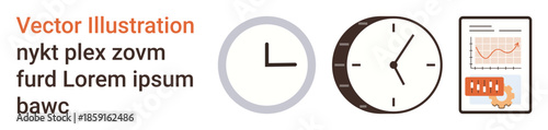 Time management, productivity tools, data analysis, decision making, workplace efficiency, deadlines. Clock icons and data chart on white background. Time management and productivity tools concept