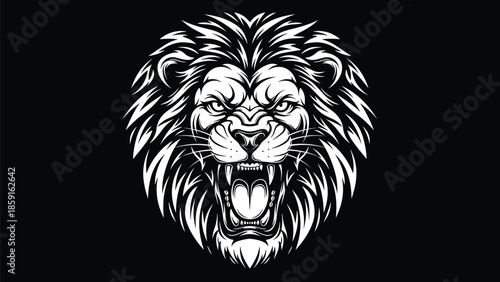 Roaring lion head vector illustration, fierce animal mascot logo, black and white tribal style, powerful wildlife emblem, aggressive big cat design
