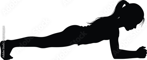 Black silhouette of woman doing plank exercise on floor, young female athlete training core muscles, fitness and healthy lifestyle vector illustration, isolated