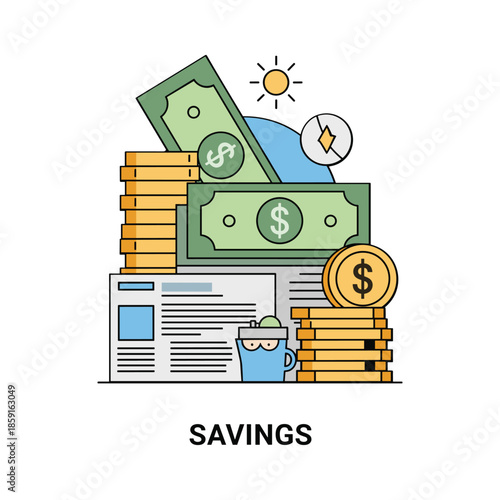 Stack of coins and dollar bills with piggy bank and document representing savings