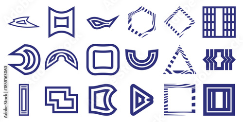 Collection of abstract dark blue geometric shapes and symbols white