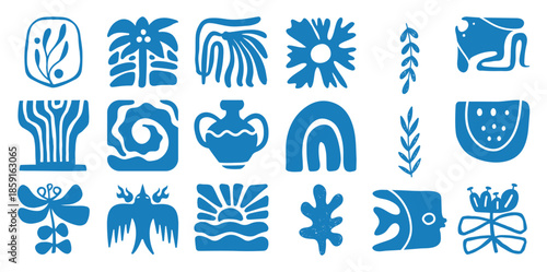 Collection of abstract blue organic shapes and stylized nature