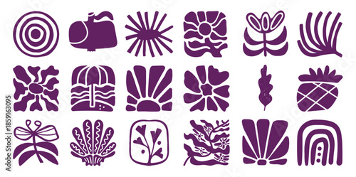 Collection of abstract purple organic shapes and botanical motifs white