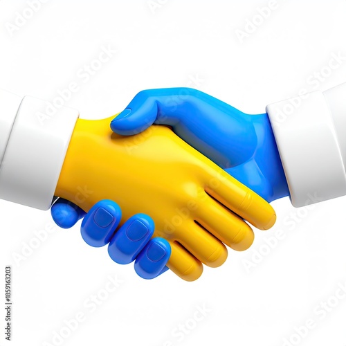 Stylized handshake, blue and yellow hands clasping on white