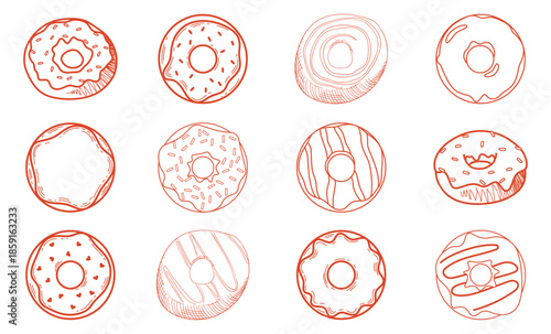 Collection of hand drawn red outline donuts with various toppings and patterns food sweet