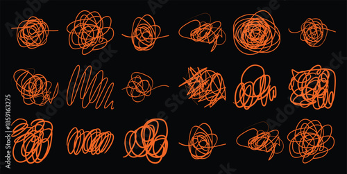 Collection of orange scribbles and tangled lines black abstract