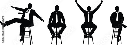 Black silhouettes of businessman in suit and tie sitting on bar stools, corporate male professional posing in different positions, vector office illustration
